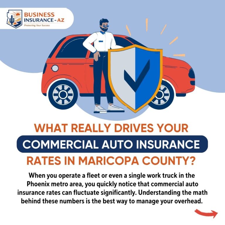 Commercial auto insurance infographic for Maricopa County explaining rate drivers like local area, driver records, vehicle classification, and cost-control tips.