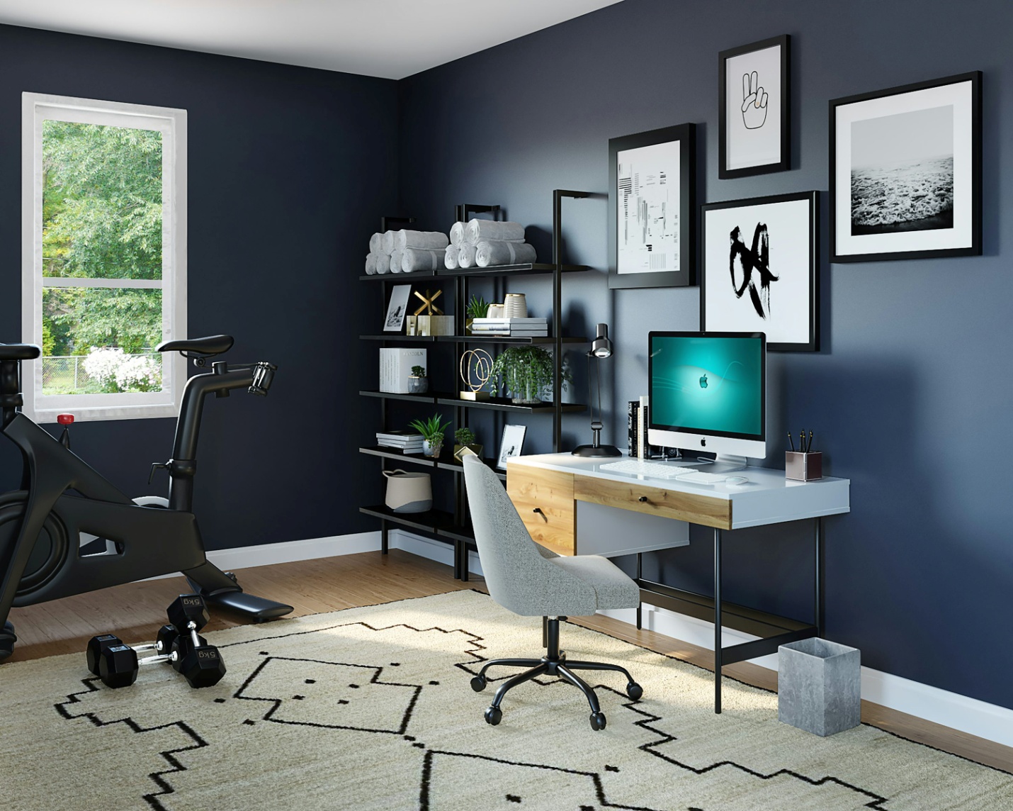 A PC and fitness machine in a home office
